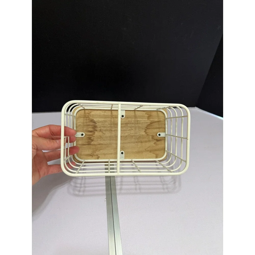 Small‎ White Coated Wire Storage Basket Wood Base Farmhouse Organizer